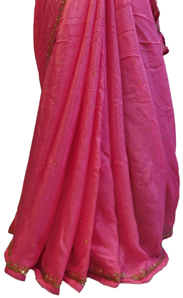 Pink Designer Wedding Partywear Ethnic Bridal Crepe (Chinon) Hand Embroidery Thread Sequence Zari Cutdana Stone Work Kolkata Women Saree Sari E243