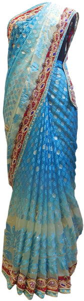 Turquoise & Cream Designer Wedding Partywear Brasso Hand Embroidery Cutdana Stone Beads Work Kolkata Saree Sari E244