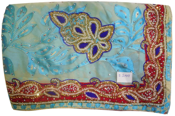 Turquoise & Cream Designer Wedding Partywear Brasso Hand Embroidery Cutdana Stone Beads Work Kolkata Saree Sari E244