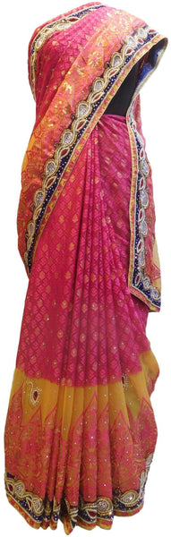 Pink & Yellow Designer Wedding Partywear Brasso Hand Embroidery Cutdana Stone Beads Work Kolkata Saree Sari E246