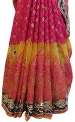 Pink & Yellow Designer Wedding Partywear Brasso Hand Embroidery Cutdana Stone Beads Work Kolkata Saree Sari E246