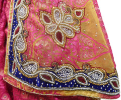 Pink & Yellow Designer Wedding Partywear Brasso Hand Embroidery Cutdana Stone Beads Work Kolkata Saree Sari E246