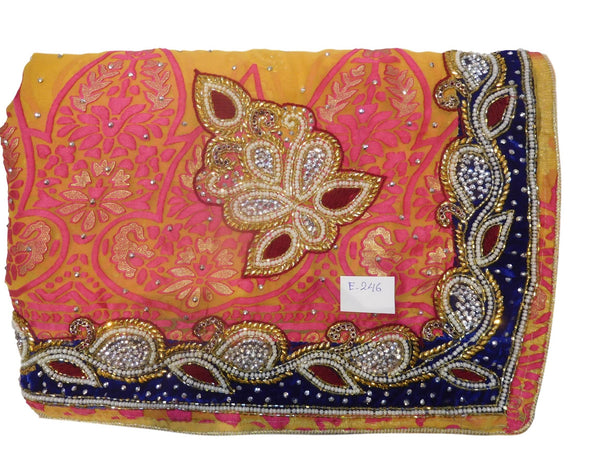 Pink & Yellow Designer Wedding Partywear Brasso Hand Embroidery Cutdana Stone Beads Work Kolkata Saree Sari E246