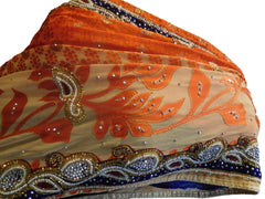 Orange & Cream Designer Wedding Partywear Brasso Hand Embroidery Cutdana Stone Beads Work Kolkata Saree Sari E248