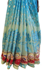 Turquoise & Cream Designer Wedding Partywear Brasso Hand Embroidery Cutdana Stone Beads Work Kolkata Saree Sari E250