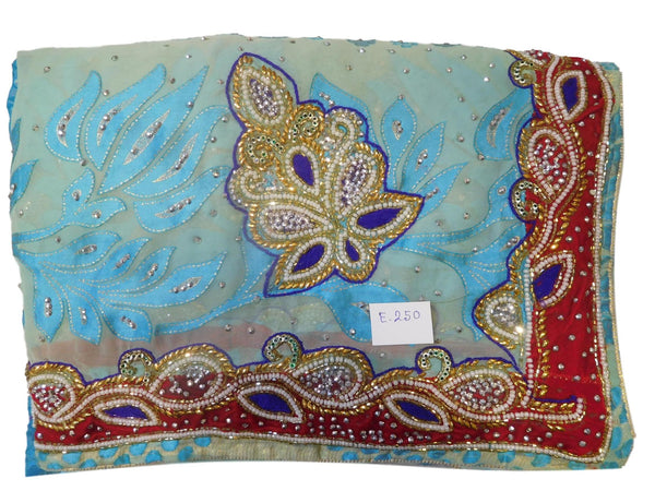 Turquoise & Cream Designer Wedding Partywear Brasso Hand Embroidery Cutdana Stone Beads Work Kolkata Saree Sari E250