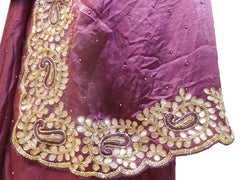 Wine Designer Wedding Partywear Ethnic Bridal Crepe (Chinon) Hand Embroidery Gota Pearl Thread Bullion Stone Beads Work Kolkata Women Saree Sari E260