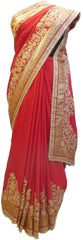 Red Designer Wedding Partywear Ethnic Bridal Crepe (Chinon) Hand Embroidery Thread Pearl Zari Stone Work Kolkata Women Saree Sari E261