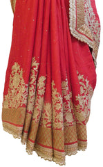 Red Designer Wedding Partywear Ethnic Bridal Crepe (Chinon) Hand Embroidery Thread Pearl Zari Stone Work Kolkata Women Saree Sari E261