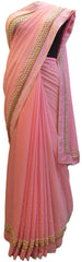 Pink Designer Wedding Partywear Georgette Hand Embroidery Cutdana Stone Pearl Work Kolkata Saree Sari E262