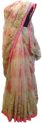 Beige Designer Floral Print PartyWear Bridal Net Stone Zari Thread Hand Embroidery Work Wedding Saree Sari E263