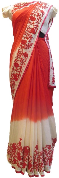 Red & White Designer Wedding Partywear Ethnic Bridal Crepe (Chinon) Hand Embroidery Thread Sequence Beads Cutdana Work Kolkata Women Saree Sari With Ready Blouse E264