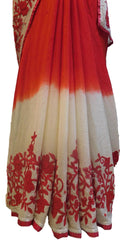 Red & White Designer Wedding Partywear Ethnic Bridal Crepe (Chinon) Hand Embroidery Thread Sequence Beads Cutdana Work Kolkata Women Saree Sari With Ready Blouse E264