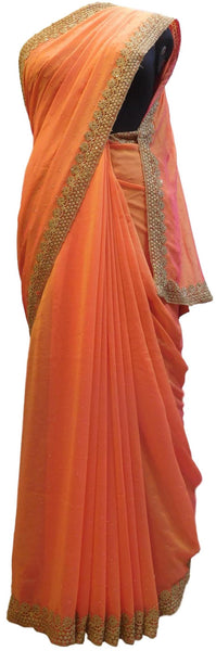 Orange Designer Wedding Partywear Georgette Hand Embroidery Stone Thread Work Kolkata Saree Sari E265