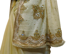Cream Designer Wedding Partywear Georgette Hand Embroidery Beads Cutdana Stone Pearl Work Kolkata Saree Sari E266