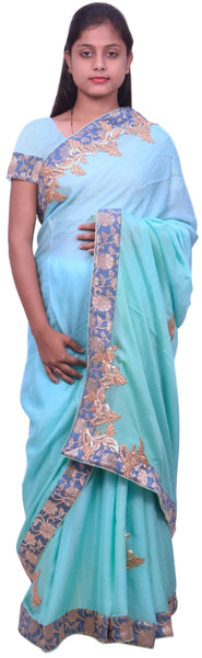 Turquoise Designer Wedding Partywear Ethnic Bridal Crepe (Chinon) Hand Embroidery Bullion Zari Stone Work Kolkata Women Banarasi Border Saree Sari E267