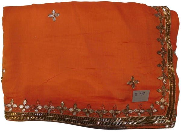 Orange Designer Wedding Partywear Pure Muslin Silk Hand Embroidery Zari Gota Cutdana Work Kolkata Saree Sari E270