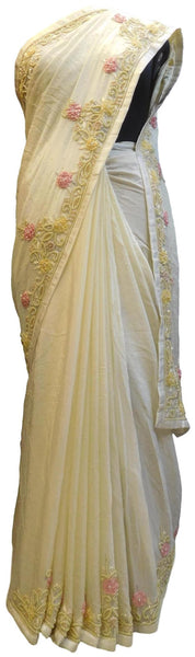 Cream Designer Wedding Partywear Ethnic Bridal Crepe (Chinon) Hand Embroidery Thread Pearl Cutdana Work Kolkata Women Saree Sari E272