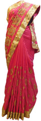 Pink Designer Wedding Partywear Sana Silk Hand Embroidery Zari Stone Cutdana Work Kolkata Bridal Saree Sari E274