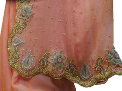 Peach Designer Wedding Partywear Georgette Hand Embroidery Cutdana Stone Beads Work Kolkata Saree Sari E281