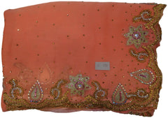 Peach Designer Wedding Partywear Georgette Hand Embroidery Cutdana Stone Beads Work Kolkata Saree Sari E281