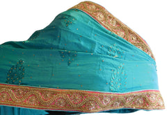 Turquoise Designer Wedding Partywear Ethnic Bridal Pure Crepe Hand Embroidery Cutdana Thread Bullion Stone Beads Work Kolkata Women Saree Sari E285