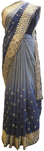 Grey Designer Wedding Partywear Ethnic Bridal Crepe (Chinon) Hand Embroidery Zari Cutdana Stone Work Kolkata Women Saree Sari E288
