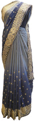 Grey Designer Wedding Partywear Ethnic Bridal Crepe (Chinon) Hand Embroidery Zari Cutdana Stone Work Kolkata Women Saree Sari E288