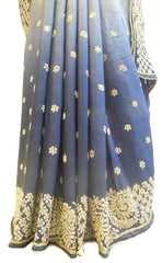 Grey Designer Wedding Partywear Ethnic Bridal Crepe (Chinon) Hand Embroidery Zari Cutdana Stone Work Kolkata Women Saree Sari E288