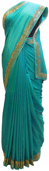 Turquoise Designer Wedding Partywear Silk Zari Stone Cutdana Hand Embroidery Work Bridal Saree Sari E289