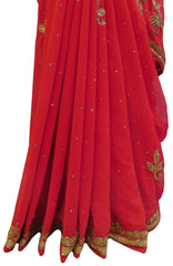 Red Designer Wedding Partywear Georgette Hand Embroidery Thread Cutdana Stone Work Kolkata Saree Sari E290