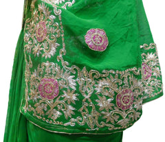 Green Designer Wedding Partywear Ethnic Bridal Georgette (Viscos) Hand Embroidery Zari Thread Cutdana Stone Work Kolkata Women Saree Sari E292