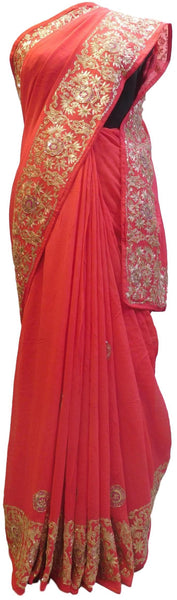 Red Designer Wedding Partywear Ethnic Bridal Georgette (Viscos) Hand Embroidery Zari Thread Cutdana Stone Work Kolkata Women Saree Sari E294