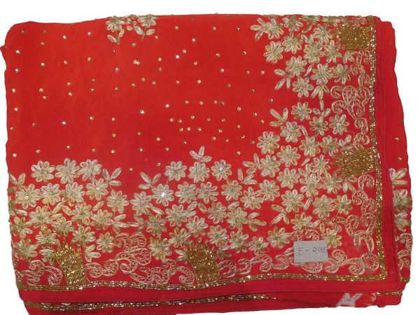 Red Designer Wedding Partywear Ethnic Bridal Crepe (Chinon) Hand Embroidery Zari Cutdana Stone Work Kolkata Women Saree Sari E295