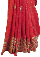 Red Designer Wedding Partywear Ethnic Bridal Crepe (Chinon) Hand Embroidery Zari Cutdana Stone Work Kolkata Women Saree Sari E296
