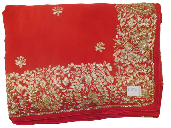 Red Designer Wedding Partywear Ethnic Bridal Crepe (Chinon) Hand Embroidery Zari Cutdana Stone Work Kolkata Women Saree Sari E298