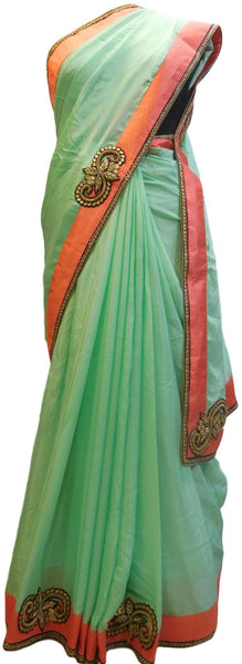 Pista Green Designer Wedding Partywear Ethnic Bridal Crepe (Chinon) Hand Embroidery Beads Thread Zari Cutdana Stone Work Kolkata Women Saree Sari E300