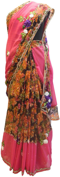 Pink Designer Wedding Partywear Georgette Hand Embroidery Cutdana Stone Beads Work Kolkata Saree Sari E301