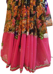 Pink Designer Wedding Partywear Georgette Hand Embroidery Cutdana Stone Beads Work Kolkata Saree Sari E301