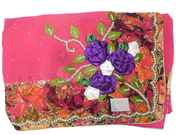 Pink Designer Wedding Partywear Georgette Hand Embroidery Cutdana Stone Beads Work Kolkata Saree Sari E301