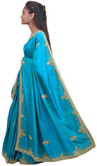 Turquoise Designer Wedding Partywear Silk Zari Stone Cutdana Hand Embroidery Work Bridal Saree Sari E302