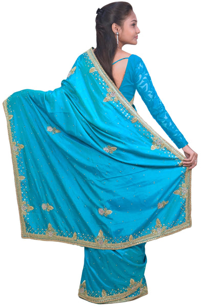 Turquoise Designer Wedding Partywear Silk Zari Stone Cutdana Hand Embroidery Work Bridal Saree Sari E302