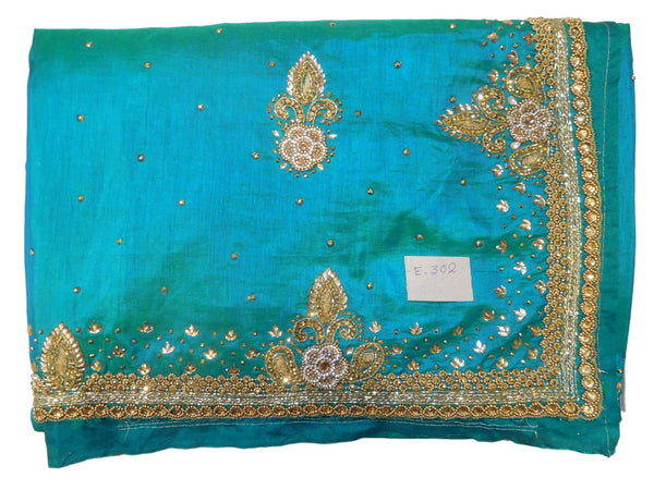 Turquoise Designer Wedding Partywear Silk Zari Stone Cutdana Hand Embroidery Work Bridal Saree Sari E302