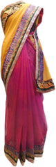 Yellow & Pink Chunari Print Designer Wedding Partywear Ethnic Bridal Georgette (Viscos) & Net Hand Embroidery Sequence Thread Bullion Zari Stone Work Kolkata Women Saree Sari E303