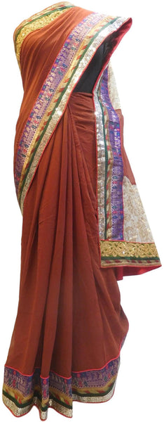 Coffee Brown Designer Wedding Partywear Ethnic Bridal Georgette (Viscos) Hand Embroidery Zari Sequence Work Kolkata Women Banarasi Border Saree Sari E304