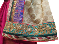 Cream & Pink Designer Wedding Partywear Ethnic Bridal Georgette (Viscos) Hand Embroidery Zari Sequence Work Kolkata Women Banarasi Border Saree Sari E305