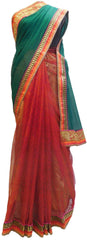 Green & Red Chunari Print Designer Wedding Partywear Ethnic Bridal Georgette (Viscos) & Net Hand Embroidery Sequence Thread Bullion Zari Stone Work Kolkata Women Saree Sari E315
