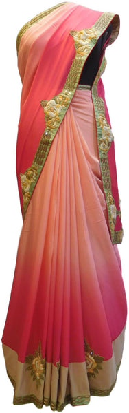 Pink Designer Wedding Partywear Ethnic Bridal Crepe (Chinon) Hand Embroidery Thread Bullion Stone Beads Work Kolkata Women Saree Sari E320