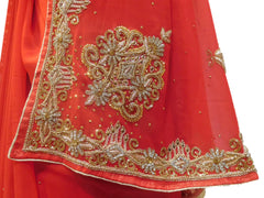 Red Designer Wedding Partywear Georgette Hand Embroidery Zari Bullion Cutdana Stone Beads Work Kolkata Saree Sari E321