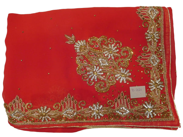 Red Designer Wedding Partywear Georgette Hand Embroidery Zari Bullion Cutdana Stone Beads Work Kolkata Saree Sari E321
